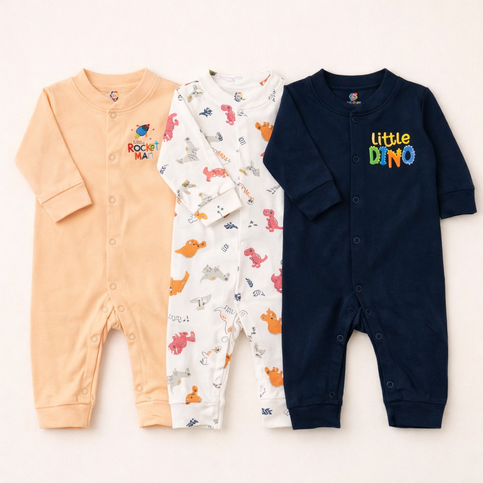 Imported Pack of 3 Sleep Suit Rompers Collection (Open Feet)