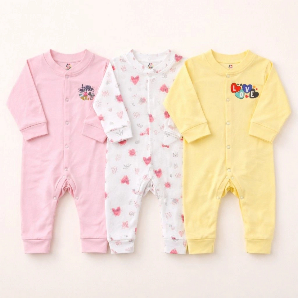 Imported Pack of 3 Sleep Suit Rompers Collection (Open Feet)
