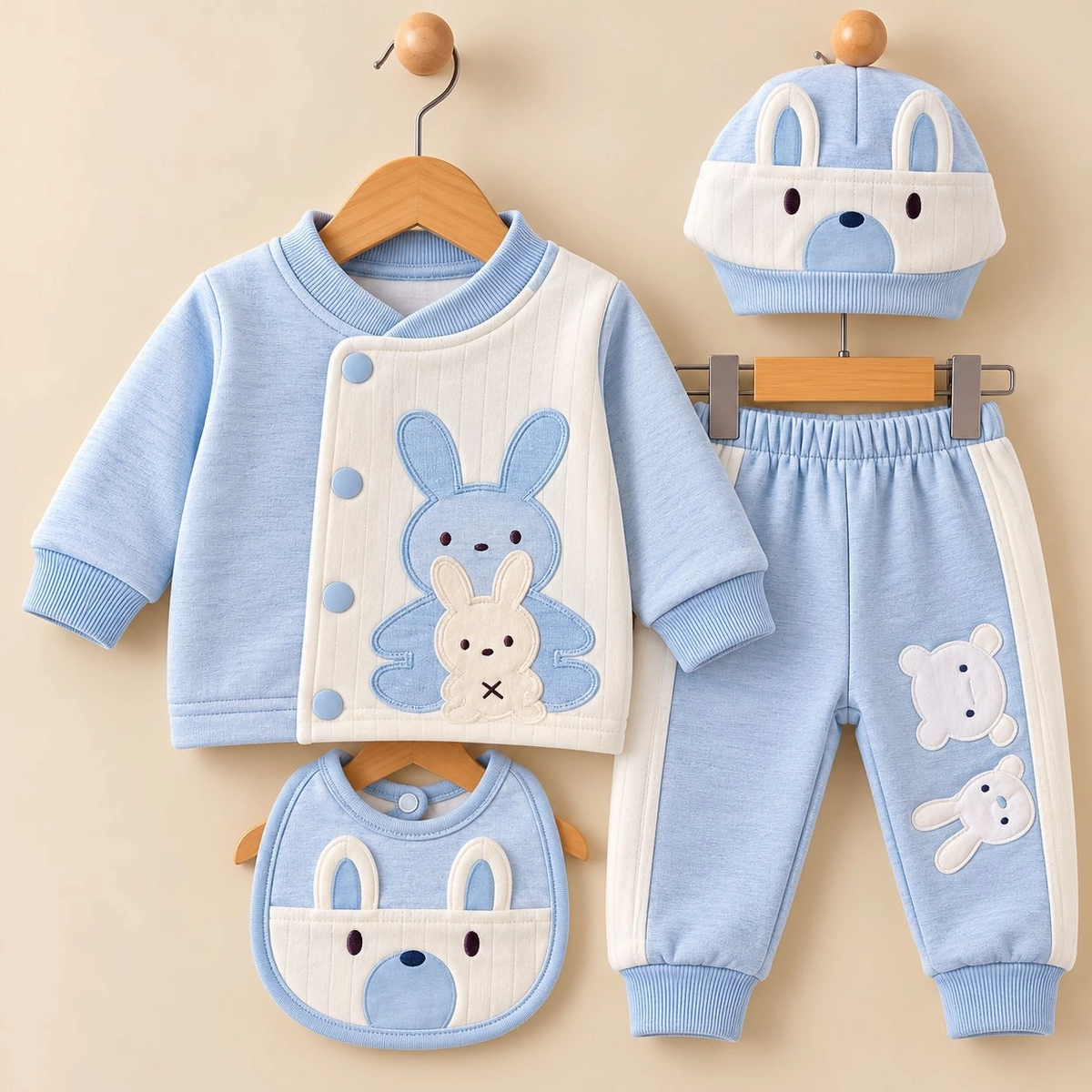JB Winter Fleece Velvet Pajama Shirt With Cap & Bib(0-3 months)