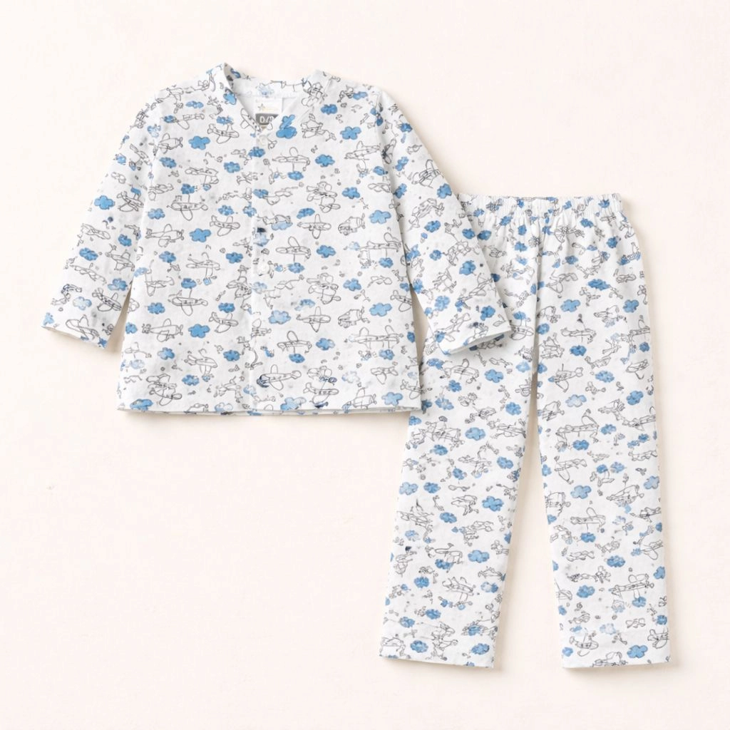 Children's pajama set with blue and gray pattern on a white background