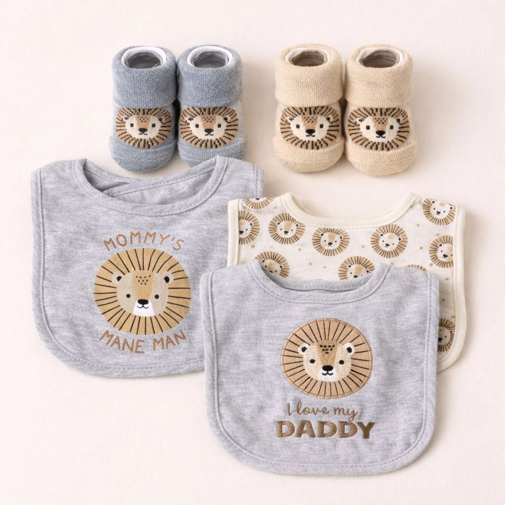 Hudson Baby Imported Combo Set – 3 Bibs + 2 Socks Booties