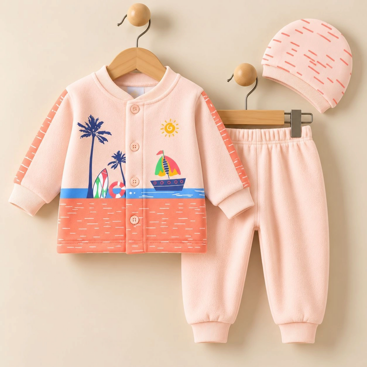 MK Winter Fleece Velvet Pajama Shirt With Cap(0-3 months)