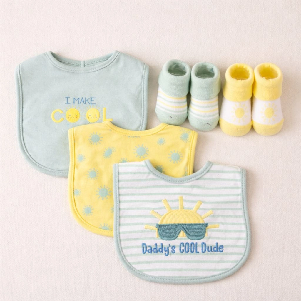 Hudson Baby Imported Combo Set – 3 Bibs + 2 Socks Booties