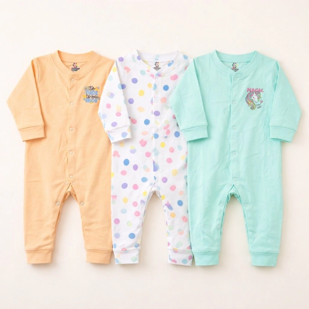 Imported Pack of 3 Sleep Suit Rompers Collection (Open Feet)