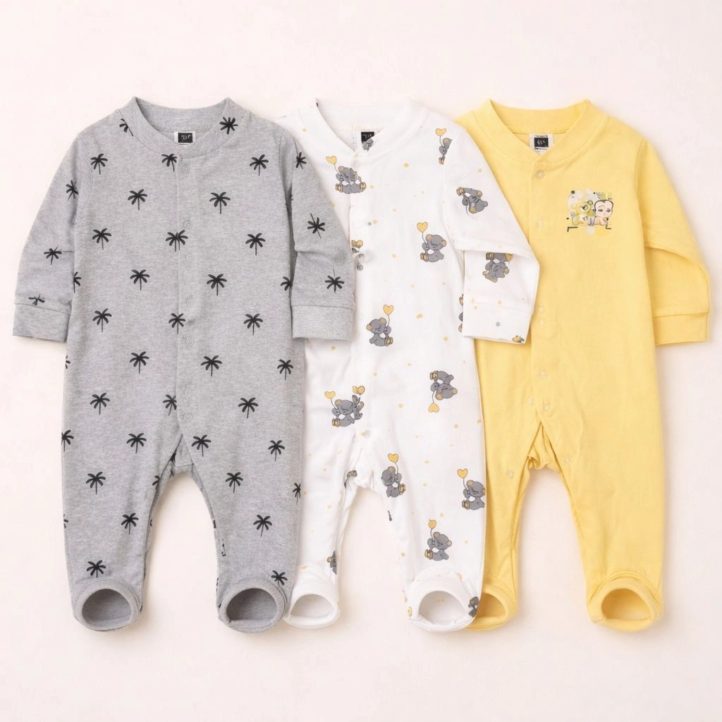 Imported Pack of 3 Sleep Suit Rompers Collection (6-12 Months)