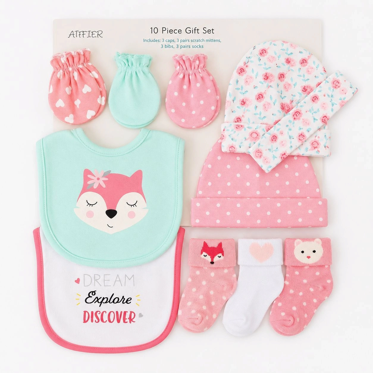 Imported 10 Pcs Newborn Baby Accessories Gift Pack | 2 Bibs, 3 Mittens, 3 Socks, 2 Caps | 0-6 Months