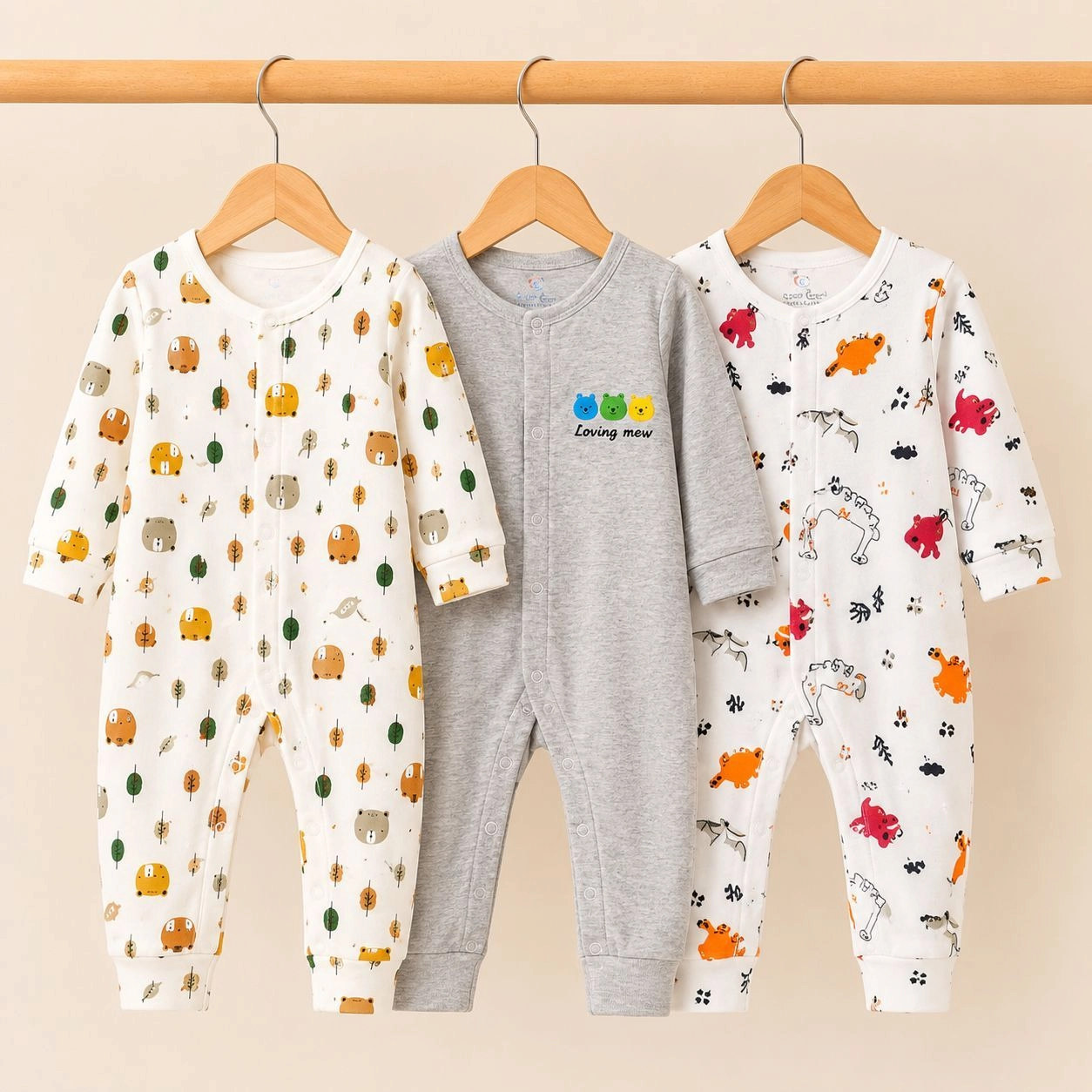 C/C Pack of 3 Sleep Suit Rompers Collection GR (Open Feet)