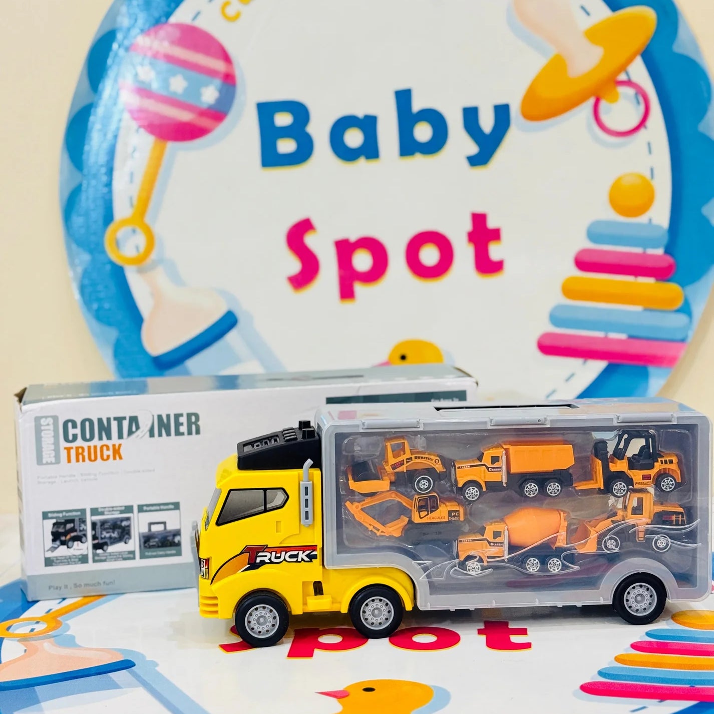 🚧 Construction Vehicle Toy Set for Kids (Ages 3+)

🛻 All-in-One Set: Includes transport truck, excavator, bulldozer, forklift, cement mixer, dump truck, road roller, signs & foldable play mat.

📦 Built-In Storage: Truck holds 6 die-cast cars with a hidden carry handle for easy portability.

✅ Safe & Durable: Made with eco-friendly ABS plastic & zinc alloy, meets CPSIA & ASTM standards.

🎁 Perfect Gift Idea: Comes in a premium gift box—great for birthdays, holidays & special

occasions